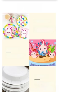 Detail of Happy Easter axolotl party tableware showing paper cups, plates and napkins