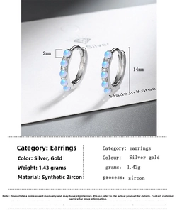 Makroansicht von 14mm Opal-Creolen mit Zirkonia-Details und genauen Abmessungen