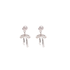 Elegant bow-knot pendant earrings with pearls and crystals on a clean white background