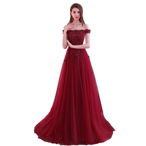 Robe De Soirée Bordeaux Épaules Dénudées Dentelle Florale 3D Tulle Perlé Longue Formelle Robe De Mariage Pour Femmes
