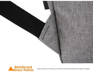 Detail of reinforced bartack stitching on the grey fabric backpack strap for durability