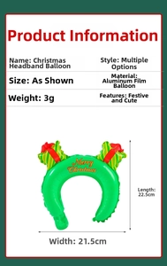 Detail view of a green Christmas gift box foil balloon headband with size specifications