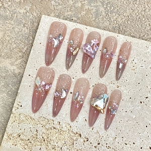 Handmade Press On Nails Long Stiletto Pink Gradient Glitter Rhinestone Heart Moon Artificial Pearls Sweet Princess Fairy Style
