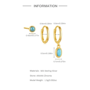 Macro detail of S925 sterling silver hoop earrings with blue zirconia and dimensions