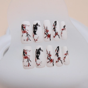 Matte Chinese ink style press-on nails with red plum blossoms and magpie patterns