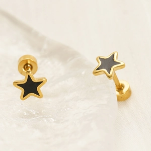 Chic star-shaped titanium steel studs with black enamel finish and gold plating