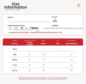 Detailed size chart for yoga shorts featuring fabric specs and measurements from XS to XL