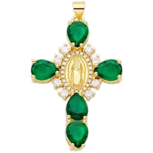 Detail of gold cross pendant with green pear-cut stones and Virgin Mary oval relief