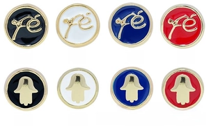 Detail of 8 round drip oil beads with gold Fé lettering and Hamsa hand symbols