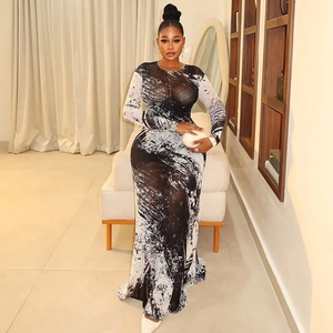 Slim-fit long-sleeved mesh dress with black and white artistic ink print and crew neck
