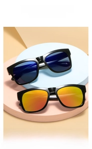 Detailed view of kids' square sunglasses with blue and orange lenses on round podiums