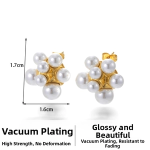 Close-up of pearl cluster earrings with 1.7cm x 1.6cm dimensions and gold plating