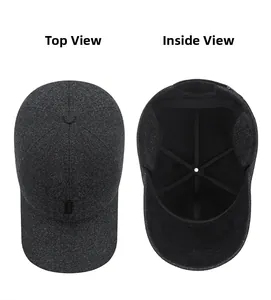 Top and interior view of grey wool baseball cap with thermal lining and sport logo