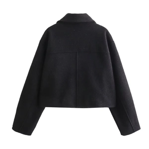 Back view of a black short wool jacket with lapels and detailed stitching on white background