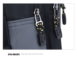 Detail highlighting the durable smooth metal zipper with textured puller on the oxford waist bag