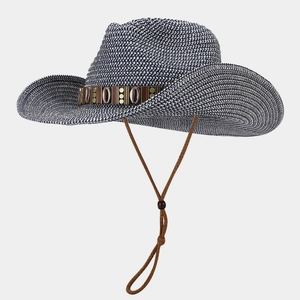 Navy blue western straw cowboy hat with a wide brim and decorative shell band details