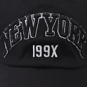 Black cotton baseball cap with 3D NEW YORK embroidery and white 199X numeric detail