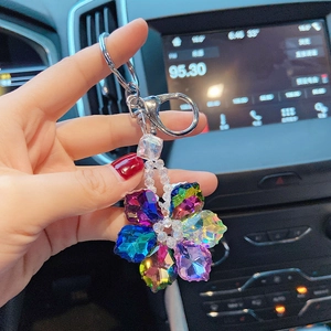 Colorful crystal snowflake keychain with silver metal ring and faceted floral charm
