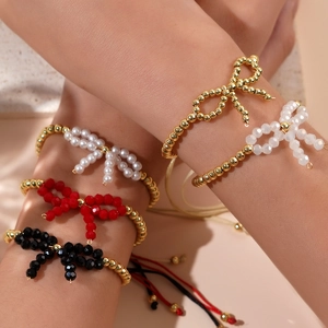 Bracciale Perline Fiocco Fatto A Mano Künstliche Perle Rame Placcato Oro 18K Imitazione Perla Artificial Cordino Regolabile Gioielli Per Donna