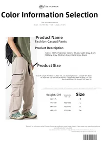 Tabella taglie per pantaloni cargo a vita alta con misure da M a 2XL in vari colori disponibili