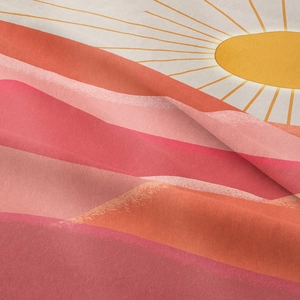 Bohemian tapestry featuring warm sunset mountain patterns with high texture fabric detail