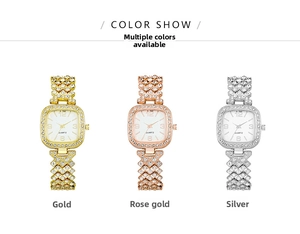Three square quartz watches for women in gold, rose gold and silver with crystal bezel