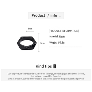 Detailed view of a black hexagonal resin bangle with 9x9cm dimensions and 50.2g weight