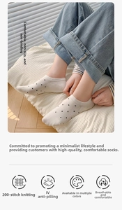 Detailed view of white polka dot low-cut socks featuring 200-needle fine knit texture