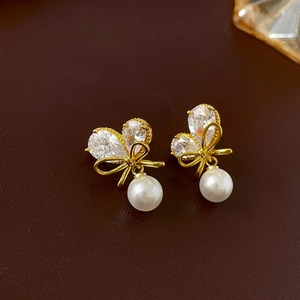 Bow Heart Artificial Pearl Earrings Copper Zircon French Style Elegant Jewelry Women With 925 Sterling Silver Earring Post