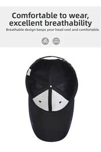Detail of the black baseball cap interior with mesh panels and adjustable metal buckle