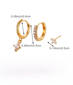 Detailed view of gold earring set dimensions and copper material specs with zircon