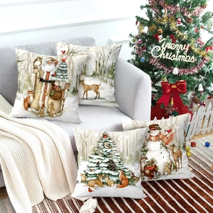 Weihnachten Kissenbezüge Polyester Leinenoptik Cartoon Weihnachtsmann Schneemann Rentier Muster Feiertag Heimdeko Kissenhüllen