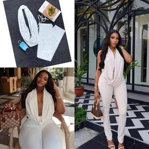 Chic white halter top and slim pants two-piece set for elegant women streetwear