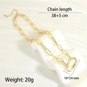 Detail showing gold paperclip chain necklace length 38 plus 5cm and 20g weight spec