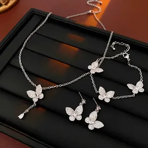 Butterfly Jewelry Including Necklace Bracelet Earrings With Zircon Inlaid Copper And Silver Earring Post For Women Elegant