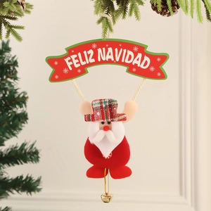 Christmas Santa ornament with Feliz Navidad wood sign and golden bell for tree decor