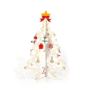 Mini wooden white Christmas tree tabletop ornament with colorful bells and snowman pendants