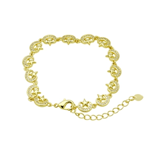 Gold plated bracelet with star and moon elements featuring sparkling cubic zirconia stones
