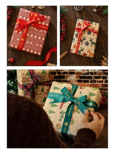 Close-up of vintage Christmas kraft wrapping paper with festive ribbons and reindeer patterns