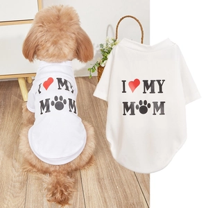 Detail of breathable mesh pet T-shirt featuring 'I LOVE MY MOM' print and paw logo
