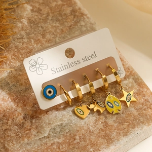 Five-piece set of gold stainless steel hoop earrings with colorful enamel charms on rock