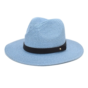 Light blue paper straw fedora hat with wide brim and black ribbon for sun protection