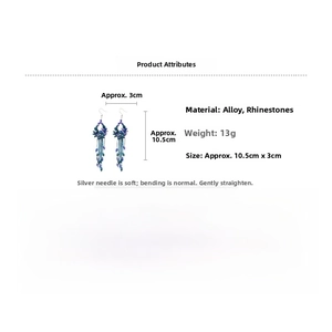 Detail view of blue beaded tassel drop earrings with dimensions and 13g weight specs