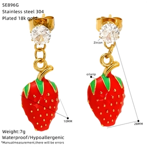 Waterproof 18k gold plated stainless steel strawberry earrings with zircon studs