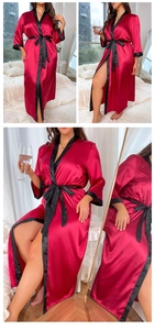 Detail of red satin plus size robe with black trim and matching adjustable waist tie