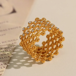 Vintage honeycomb hollow titanium steel gold plated ring with Czech diamonds