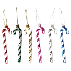 Set of six colorful candy cane Christmas tree hanging ornaments with glitter stripes