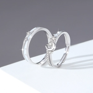 Sterling silver 925 star and moon glowing couple rings set with cubic zirconia stones