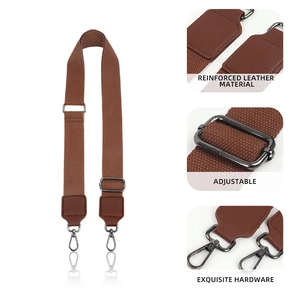 Detail of adjustable canvas strap with reinforced leather and exquisite metal hardware