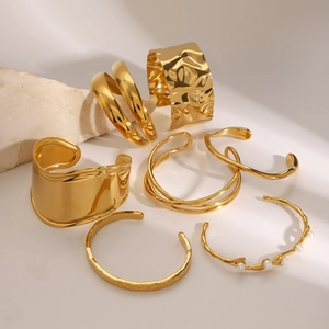 Elegant 18k gold plated stainless steel bangles set featuring pearl and hammered textures